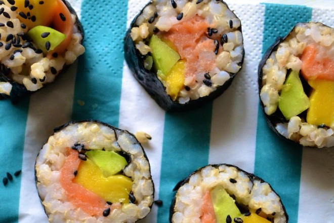 Mango cucumber smoked salmon sushi
