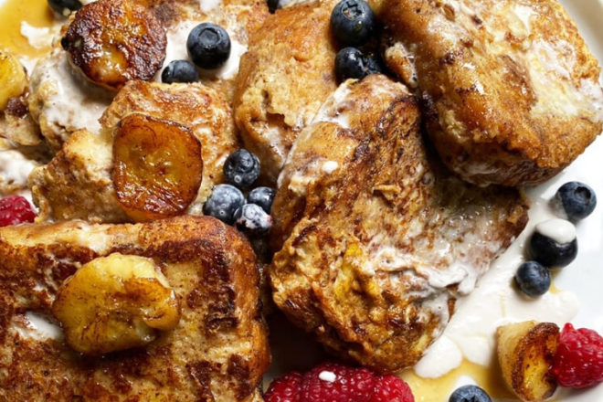 Most mornings, I eat fresh eggs with veggies. But, some days call for a more indulgent breakfast, like this Banana Bread French Toast! Get the recipe.