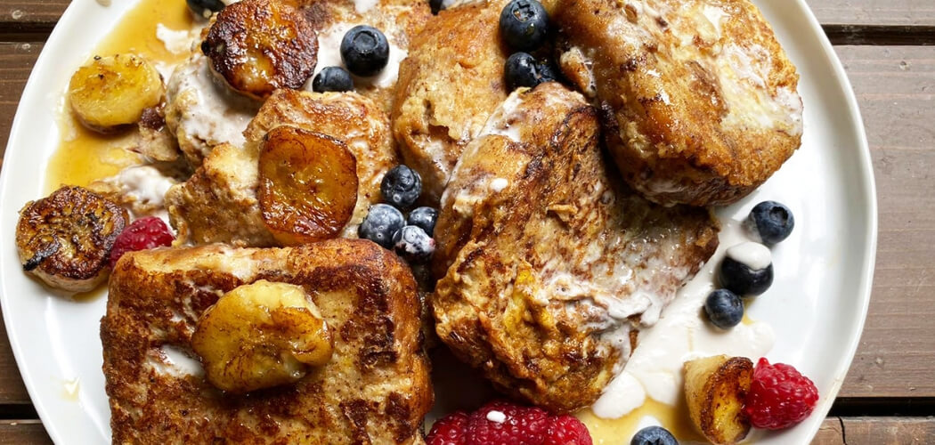 Most mornings, I eat fresh eggs with veggies. But, some days call for a more indulgent breakfast, like this Banana Bread French Toast! Get the recipe.