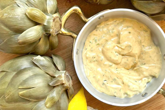 Artichokes served with spicy mayo sauce