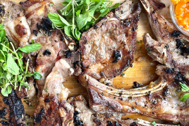 lamb chops dressed in lemon, mint and garlic